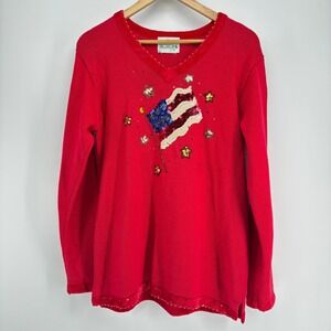 Quaker Factory American Flag Sweater Patriotic Stars Sequin Women L Red VTG